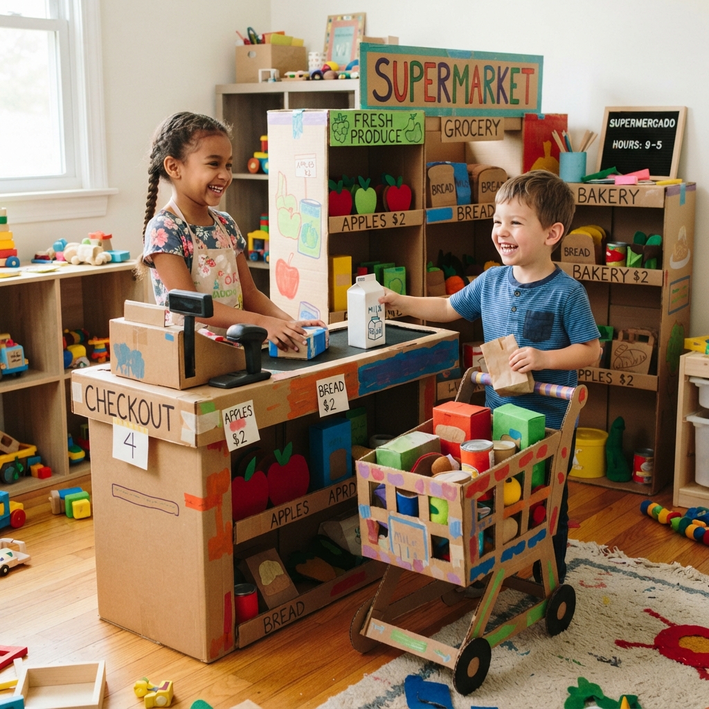 A children's cardboard supermarket