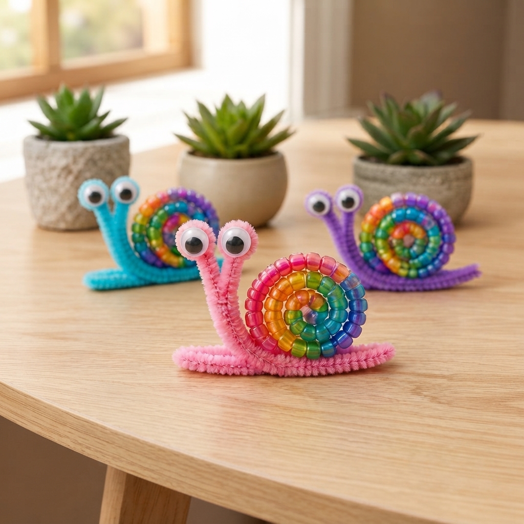 Colorful rainbow snails made from pipe cleaners