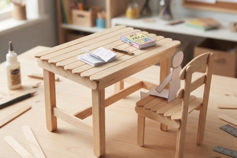 A Small School Table and Chair Made from Wooden Sticks