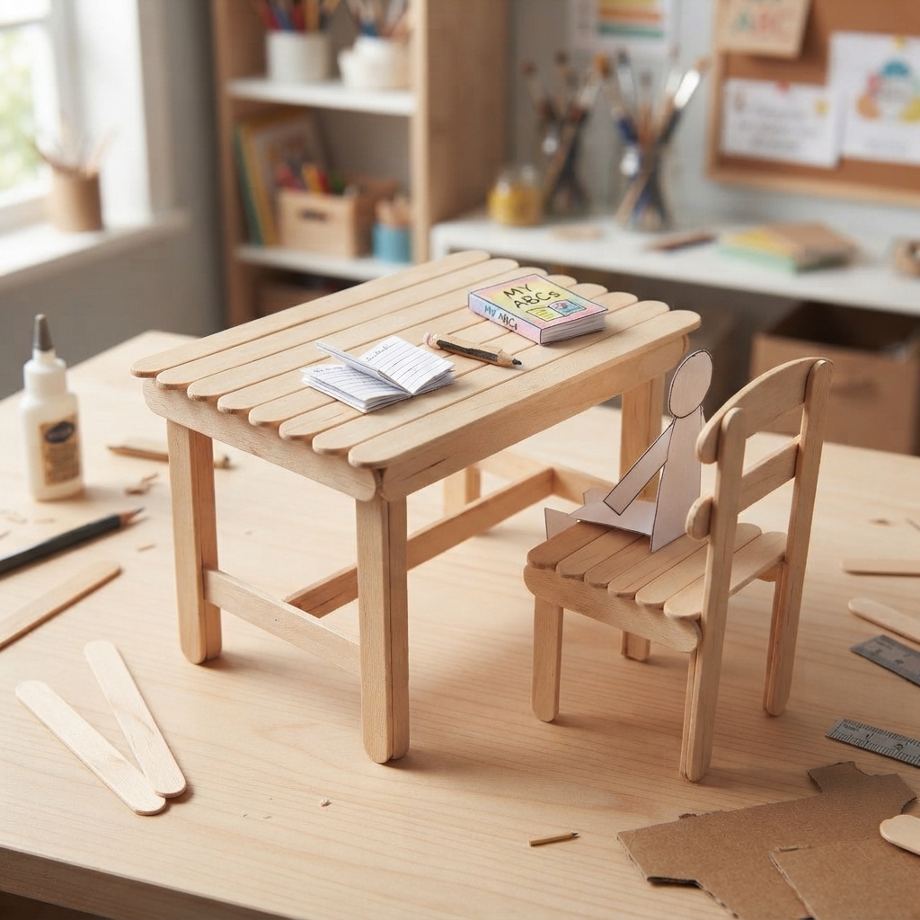 # A Small School Table and Chair Made from Wooden Sticks Creating a small school table and chair from wooden sticks is a simple, creative, and educational craft project. With a few wooden craft sticks, glue, cardboard, and colorful materials, children can build a miniature classroom furniture set. This project combines creativity, practical skills, basic engineering, and imagination. It can be used for a school assignment, a classroom decoration, a miniature school model, or simply a fun activity at home. A miniature table and chair may look simple, but making them requires planning and careful construction. Students need to think about the size and shape of each piece, decide how the wooden sticks will be arranged, and make sure the furniture is stable. Through this process, children learn that even small objects need good design and strong connections between their parts. ## The Idea Behind the Project The purpose of the project is to reproduce two familiar pieces of classroom furniture on a much smaller scale. A school table usually has a flat surface supported by legs, while a school chair has a seat, a backrest, and legs. Wooden craft sticks are ideal for this type of project because they are lightweight, easy to arrange, and available in many craft stores. They can also be painted or decorated to create different styles. The finished table and chair can be placed inside a miniature classroom made from a shoebox or cardboard box. Students can add tiny books, pencils, notebooks, and other school supplies to make the scene more realistic. ## Materials Needed The materials required for this project are inexpensive and easy to find. The main materials are wooden craft sticks, strong craft glue, cardboard, scissors, a pencil, and a ruler. Additional materials can include colored paper, markers, crayons, acrylic or craft paint, paintbrushes, and small pieces of fabric. Recycled cardboard can be used for additional support. Students may also use beads, buttons, or tiny pieces of paper to decorate the furniture. Because glue and scissors are involved, younger children should complete the activity with appropriate adult supervision. ## Planning the Furniture Before building, students should make a simple drawing of the table and chair. Planning helps them decide how many sticks they need and where each piece should be placed. The table should be wider than the chair. The tabletop needs to be large enough to hold miniature books or school supplies. The chair should be slightly lower than the table. A ruler can be used to measure the length and width of different parts. Students do not need exact measurements, but keeping the pieces proportional will make the finished furniture look more realistic. ## Making the Tabletop The tabletop can be made by placing several wooden sticks side by side. The sticks should be arranged in parallel lines to create a flat rectangular surface. A couple of additional sticks can be placed underneath in the opposite direction to strengthen the structure. These support sticks should be glued carefully underneath the tabletop. Students should allow the glue to dry before adding the legs. This is important because the tabletop needs to remain flat and stable. If the wooden sticks are too narrow for the desired design, several can be joined together. The more sticks used, the wider the tabletop becomes. ## Building the Table Legs The table needs four legs to remain stable. Each leg can be made from one or more wooden sticks. The legs should be positioned near the corners of the tabletop. They need to be attached at approximately equal distances from the edges. Students should check that the legs are similar in length. If one leg is much shorter than the others, the table may wobble. Small cardboard supports can be added between the legs if extra stability is needed. These supports can also make the miniature table look more realistic. ## Strengthening the Table A strong connection between the tabletop and legs is essential. Glue should be applied carefully to the contact areas. Students can add horizontal wooden sticks between the legs. These pieces act like braces and help prevent the legs from moving sideways. This introduces a basic engineering concept structures become stronger when their parts are connected properly. Students can test the table by placing a small paper book on top. If it remains stable, the design is probably strong enough. ## Creating the Chair Seat The chair seat can be constructed in a similar way. Several wooden sticks can be arranged side by side to create a small square or rectangular seat. Two support sticks can be glued underneath the seat. These supports help keep the sticks together. The chair seat should be smaller than the tabletop and positioned at a comfortable miniature height. Students should make sure the surface is relatively flat so that a small paper figure or toy can sit on it. ## Making the Chair Legs The chair needs four legs. Wooden sticks can be attached underneath the seat, one near each corner. The legs should be approximately equal in length. Students can use a ruler to compare them before gluing. For additional stability, small horizontal sticks can connect the legs. These supports can be placed near the bottom or underneath the seat. Once the glue dries, the chair should stand without falling over. ## Adding the Chair Backrest The backrest is one of the most recognizable features of a school chair. It can be made by attaching several wooden sticks vertically or horizontally behind the seat. One simple design uses two vertical sticks as supports with two or three horizontal sticks between them. Another design can use several sticks placed closely together to form a solid backrest. Students can experiment with different patterns. They might create a traditional rectangular back or a more decorative shape. ## Making the Furniture Proportional Proportion is important when creating miniature furniture. If the chair is too tall compared with the table, the model may look unrealistic. Students should compare the height of the chair seat with the height of the table. The chair should generally be lower, allowing a miniature student figure to appear as though it could sit at the table. This part of the project provides an opportunity to discuss scale. A real school table is much larger than the model, but the same basic proportions can be maintained. ## Decorating the Table and Chair Once the construction is complete and the glue has dried, students can decorate their furniture. The wooden sticks can be painted in traditional colors such as brown, white, gray, or natural wood tones. However, children can also choose bright colors. A colorful table might have a blue tabletop and yellow legs, while the chair could use matching colors. Students can also add small patterns, stars, flowers, numbers, or letters. Decoration should be applied carefully so that it does not interfere with the stability of the furniture. ## Adding a Miniature School Environment The table and chair become even more interesting when they are placed inside a miniature classroom. A cardboard box or shoebox can be transformed into the classroom. Students can add a small board, bookshelf, teacher's desk, windows, posters, and other furniture. The wooden-stick table can be placed in the center of the classroom. The chair can be positioned behind it. A tiny notebook and pencil can be placed on the table. A miniature student made from paper can sit in the chair. This creates a complete school scene. ## Making Tiny School Supplies Small school supplies can be created from paper and cardboard. A tiny notebook can be made by folding several small pieces of paper together. A miniature pencil can be represented by a narrow strip of colored paper. A tiny ruler can be made from a thin cardboard strip with small measurement marks. Students can also create a tiny schoolbook with a colorful cover. These accessories help make the furniture appear more realistic. ## Educational Benefits This project offers many educational benefits. One of the most important is the development of fine motor skills. Children must pick up small wooden sticks, position them carefully, apply glue, and hold pieces together while they dry. These activities require concentration and coordination. The project also encourages spatial reasoning. Students must understand how horizontal and vertical pieces can be combined to create a stable structure. Mathematics is also involved. Children can measure sticks, compare lengths, count pieces, and think about proportions. ## Learning Basic Engineering The wooden-stick furniture project is a simple introduction to engineering. Students are essentially designing and building a small structure. They learn that a table needs a stable base and that the legs must support the tabletop. They also discover that braces can make a structure stronger. If the chair falls over, students can investigate why. Perhaps the legs are uneven, the seat is too heavy, or the connections are weak. Instead of giving up, they can redesign the furniture and try again. This teaches persistence and problem-solving. ## Encouraging Creativity Although the basic design of a school table and chair is familiar, students can make their models unique. Some children may create modern furniture, while others may prefer traditional wooden designs. Some may add colorful patterns or miniature decorations. Students can also design furniture for an imaginary school. Perhaps the school has special desks shaped like stars or chairs with colorful backs. There is no single correct design. The creative possibilities are part of the fun. ## Using Recycled Materials Recycling can also be part of the project. Cardboard from old boxes can be used to create supports or classroom walls. Paper scraps can become miniature books and decorations. Clean packaging materials can become shelves, cabinets, or other classroom objects. Using recycled materials teaches students that useful crafts can be made from things that might otherwise become waste. ## Working in Groups The project can be completed individually, but group work can make it even more interesting. One student can build the table, another can build the chair, and others can create the classroom environment. Afterward, everyone can combine their work into one miniature classroom. Group projects encourage communication and cooperation. Students learn to divide responsibilities and respect the ideas of others. Teachers can also encourage students to discuss which designs are the most stable and why. ## Testing the Furniture Testing is an important step. Once the table and chair are finished, students should place them on a flat surface. They can check whether the table stands evenly and whether the chair remains upright. A small object can be placed on the table to test its strength. A small paper figure can be placed on the chair. If something does not work, students can make adjustments. Additional supports or stronger glue connections may solve the problem. This turns the craft into a simple engineering experiment. ## Displaying the Finished Project The finished table and chair can be displayed on a classroom shelf, science table, or craft exhibition. Students can create a small sign explaining the project. The sign might include the title “Our Miniature Classroom Furniture” and a short description of the materials used. If the furniture is part of a larger shoebox classroom, the entire model can become a presentation project. Students can explain how they built the furniture, what problems they encountered, and how they solved them. ## Conclusion A small school table and chair made from wooden sticks is a creative and educational project that combines art, construction, mathematics, and basic engineering. With simple materials such as wooden craft sticks, glue, cardboard, and paper, students can create miniature furniture that looks attractive and realistic. The project teaches children to plan before building, measure materials, compare sizes, create strong connections, and test their designs. It also develops fine motor skills, patience, creativity, spatial awareness, and problem-solving abilities. The finished furniture can stand alone as a craft project or become part of a complete miniature classroom. Adding tiny books, notebooks, pencils, students, posters, and other school objects can turn a few wooden sticks into an entire learning environment. Most importantly, this project demonstrates that learning can happen through making and experimenting. A small table and chair may seem like simple objects, but constructing them helps children understand how everyday structures are designed and built. With imagination, careful work, and a few inexpensive materials, wooden sticks can become the foundation of a fun and memorable educational experience.