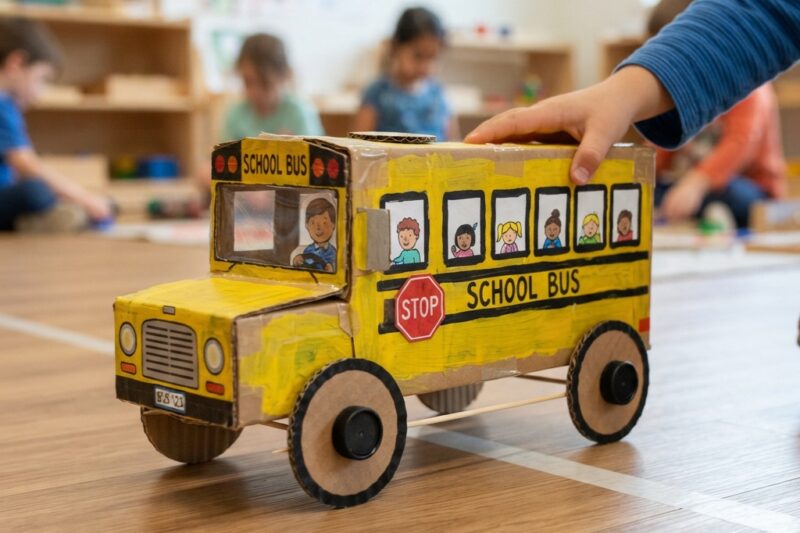 A Moving School Bus Made from Cardboard