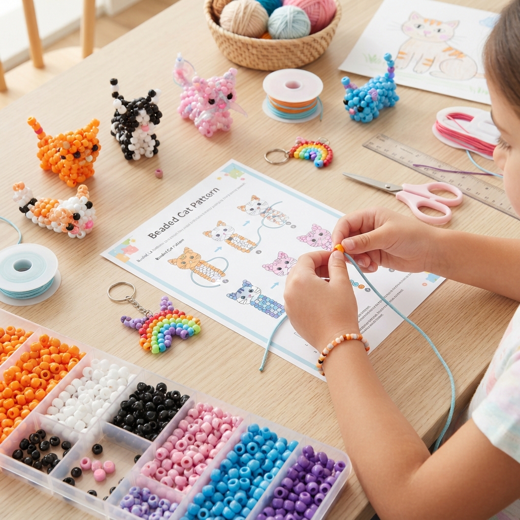 # How to Make a Beaded Cat for Children
Making a cat from colorful beads is a fun and creative craft project for children. With Pony Beads, craft cord, and a simple pattern, kids can create a cute little cat that can be used as a decoration, backpack charm, keychain, or handmade gift.
This project is perfect for children who love animals and enjoy colorful crafts. They can make a realistic-looking cat or invent a magical cat using bright rainbow colors.
Beading also gives children an opportunity to practice fine motor skills, counting, concentration, patience, and pattern recognition.
## Why Make a Beaded Cat
Creating a beaded cat can be both fun and educational. While working on the project, children can practice
Fine motor skills
Hand-eye coordination
Counting
Color recognition
Pattern following
Concentration
Patience
Creativity
Children can also learn how different colors and patterns can change the appearance of their finished animal.
## Materials You Will Need
To make a simple beaded cat, gather
Pony Beads in your favorite colors
Black beads for the eyes
Pink or red beads for the nose
White beads for details
Craft cord or suitable beading string
Scissors
A ruler
A simple cat bead pattern
Pony Beads are a good choice for beginners because their relatively large holes make them easier to thread.
Safety note Small beads and craft cords can be choking hazards. Young children should always work under adult supervision. Keep loose beads away from very young children.
# Choosing the Cat's Colors
Children can choose any colors for their beaded cat.
For a realistic-looking cat, try
Gray and white
Orange and white
Black and white
Brown and cream
For a fantasy cat, try
Pink and purple
Blue and turquoise
Rainbow colors
Green and yellow
Children can also create stripes, spots, or other patterns.
# Step 1 Prepare the Cord
Cut a suitable length of craft cord.
Leave extra cord at the ends so you can secure the finished cat.
Sort the beads by color before starting.
Organizing the beads makes it easier to follow the pattern.
# Step 2 Make the Cat's Body
Begin with the body.
Thread the beads according to your chosen pattern.
Create a small rounded or slightly rectangular shape for the body.
Keep the beadwork flexible and avoid pulling the cord too tightly.
# Step 3 Create the Head
Continue the pattern to make the cat's head.
The head can be slightly wider than the neck.
Use a different color for the face if you want to create a contrasting design.
# Step 4 Add the Ears
A cat's pointed ears are an important part of the design.
Create two small triangular ears using a few beads.
Try to make both ears similar in size.
You can use pink beads inside the ears for extra detail.
# Step 5 Add the Eyes
Use two black or dark-colored beads for the eyes.
Place them evenly on the face.
For a cute cartoon-style cat, use white beads behind the dark beads to make the eyes look larger.
# Step 6 Make the Nose
Add a small pink bead to represent the cat's nose.
Place it below the eyes.
A tiny black bead can also be used if you prefer a different color.
# Step 7 Add the Whiskers
Whiskers can be represented with short pieces of craft cord.
Create a few small strands on each side of the face.
Ask an adult for help when cutting and attaching the cord.
For a very simple pattern, the whiskers can also be left out.
# Step 8 Create the Legs
Add four small legs to the bottom of the body.
Try to make the front and back legs similar in size.
You can use the same color as the body or add contrasting beads.
# Step 9 Make the Tail
The tail is another important feature of the cat.
Create a long, curved tail using several beads.
You can make the tail straight, curled, or slightly bent.
Use a contrasting color to make it stand out.
# Step 10 Add Colorful Details
Now children can personalize their cat.
Try adding
Stripes
Spots
A colorful tail
Different-colored ears
A bright collar
A rainbow pattern
The goal is to let every child create a unique cat.
# Step 11 Secure the Cat
When the cat is finished, carefully secure the ends of the cord.
Tie a firm knot and trim away the excess cord.
An adult should check the knot to make sure it is secure.
If the cat will be used as a keychain or charm, make sure the attachment is firmly connected.
# Turn the Cat Into a Keychain
A finished beaded cat makes a cute keychain or backpack charm.
Attach a suitable keychain ring or clip to a secure point on the cat.
It can decorate
Backpacks
Pencil cases
School bags
Craft bags
Always check that the attachment is secure before using the finished craft.
# Creative Cat Color Ideas
## Orange Tabby
Use orange, cream, and white beads to create a classic striped cat.
## Black and White Cat
Combine black and white beads for a simple two-color design.
## Rainbow Cat
Use bright colors throughout the body, ears, and tail.
## Pink Fantasy Cat
Combine pink, purple, white, and yellow beads.
## Blue Cat
Use different shades of blue and turquoise to create a magical-looking cat.
# Make a Family of Cats
Once children learn the basic pattern, they can make several cats.
Create different sizes, colors, and patterns.
For example
A large orange cat
A small gray cat
A black-and-white cat
A rainbow cat
A pink fantasy cat
Children can give each cat a name and create stories about their adventures.
# Create a Beaded Cat Family Scene
The beaded cats can become part of a larger craft display.
Use cardboard or colored paper to create a little home for the cats.
Add
A house
Grass
Flowers
Trees
Food bowls
Toy balls
Small beds
Children can arrange their cats in different parts of the scene.
# Turn the Craft Into a Learning Activity
Making a beaded cat can also be an educational activity.
Children can learn about
Domestic cats
Wild cats
Cat body parts
Animal colors and patterns
Pet care
Responsible animal ownership
They can also count the beads used for the ears, legs, body, and tail.
This makes the project a combination of art, science, and mathematics.
# Tips for Beginners
Use large beads that are easy for children to handle.
Sort the beads by color before starting.
Keep the pattern nearby.
Work on one section at a time.
Count the beads carefully.
Avoid pulling the cord too tightly.
Check that both ears and legs are balanced.
Ask an adult for help with cutting and tying the cord.
Let children experiment with colors and patterns.
The finished cat does not need to be perfect. Creativity and enjoyment are the most important parts of the project.
# Common Mistakes to Avoid
## Losing Track of the Pattern
Check each row before moving forward.
## Pulling the Cord Too Tightly
Too much tension can distort the cat's body.
## Making Uneven Ears
Compare both ears while working to keep the face balanced.
## Forgetting the Tail
The tail helps make the animal easily recognizable.
## Making the Tail Too Short
A longer tail can create a more playful and recognizable cat shape.
## Using a Loose Knot
A weak knot can cause the beads to fall off.
Secure the cord carefully before trimming it.
# A Fun Classroom Craft
Beaded cats are excellent for classroom craft activities.
Teachers can connect the project to lessons about
Animals
Pets
Colors
Patterns
Counting
Shapes
Children can make different animals and display them together on a classroom bulletin board.
# A Handmade Gift Idea
A beaded cat can make a lovely handmade gift for a friend or family member.
Children can choose the recipient's favorite colors and create a personalized cat.
A small handmade card can make the gift even more special.
# More Beaded Animals to Make
After completing the cat, children can try other animal crafts.
Ideas include
Beaded dog
Beaded rabbit
Beaded fox
Beaded owl
Beaded bird
Beaded butterfly
Beaded frog
Together, these projects can become a colorful handmade animal collection.
# Conclusion
Making a beaded cat is a fun and creative activity for children. It combines colorful beadwork with opportunities to practice fine motor skills, counting, concentration, pattern recognition, and imagination.
With Pony Beads, craft cord, and a simple pattern, children can create an orange tabby, a black-and-white cat, a rainbow cat, or a completely imaginary feline friend.
The finished cat can become a decoration, keychain, backpack charm, classroom project, or handmade gift.
Always supervise young children when using small beads and craft cords. With safe materials, simple instructions, and plenty of creativity, making a beaded cat can be an enjoyable and rewarding craft project for children at home or in the classroom.